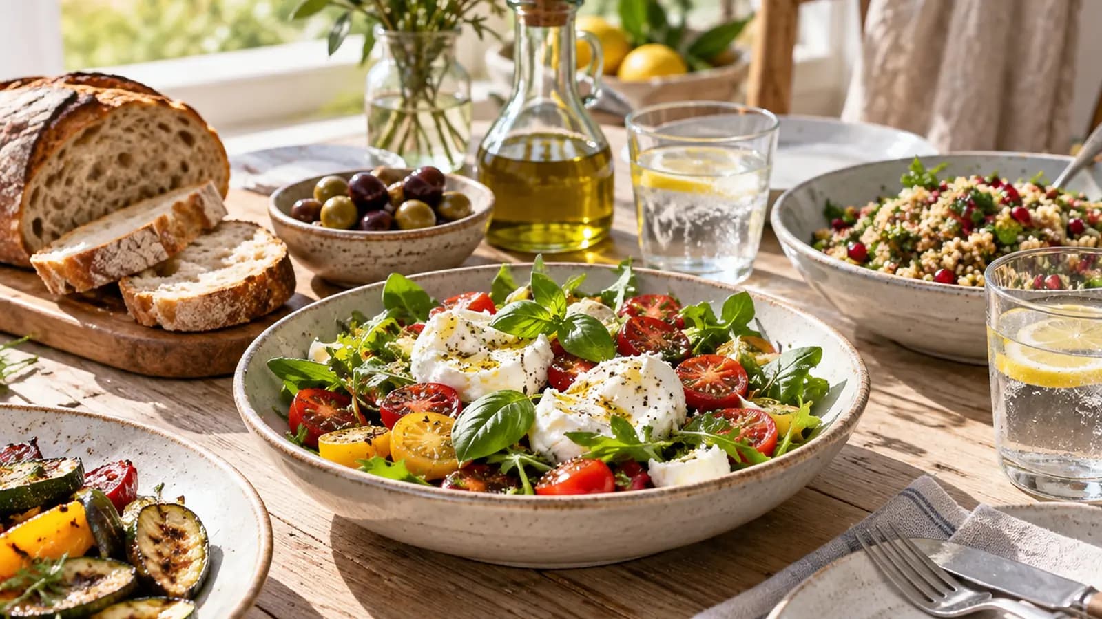 Table de cuisine éclairée par la lumière naturelle avec une assiette de légumes rôtis, céréales et œufs, sans texte ni logo
