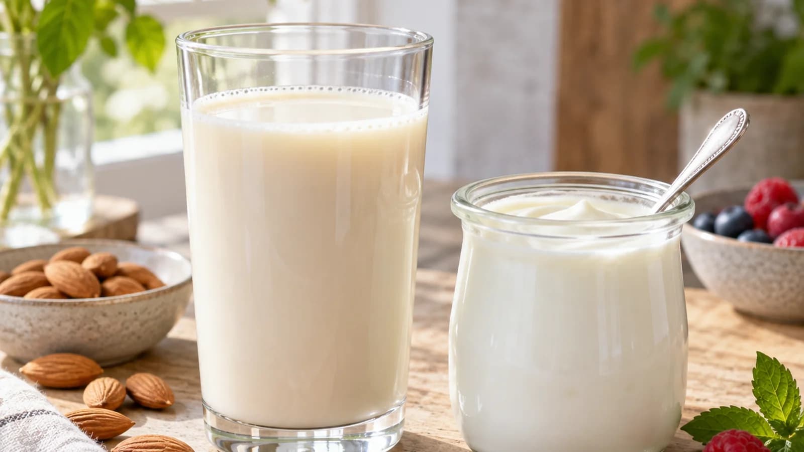 Bol de yaourt nature avec fruits frais et copeaux de fromage sur une table en lumière naturelle, sans texte ni logo