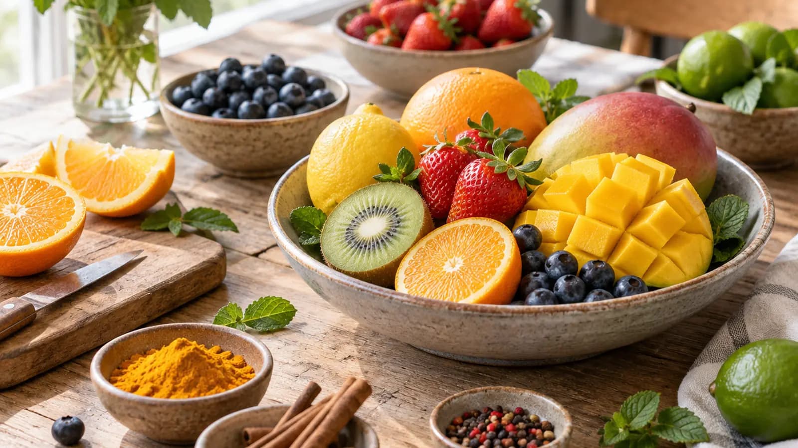 Bol de yaourt nature avec fruits rouges, pomme coupée et flocons d’avoine sur une table éclairée par la lumière naturelle, sans texte ni logo