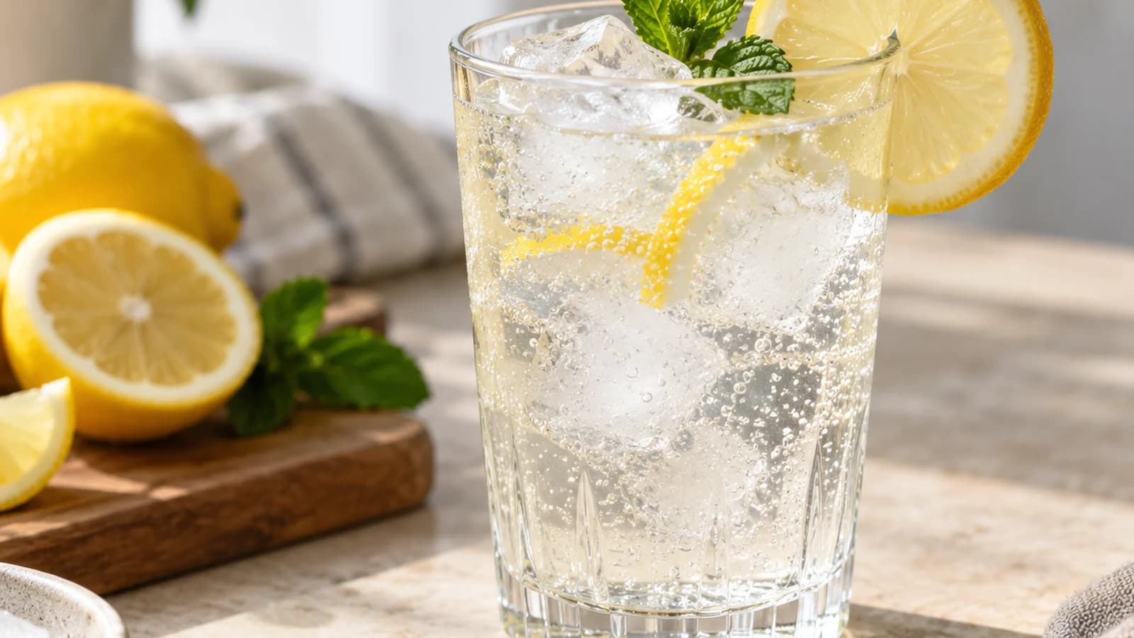 Verre de soda classique et verre de soda light sur une table, avec eau pétillante et rondelles de citron, lumière naturelle, sans texte ni logo