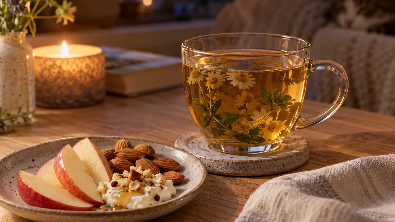 Pain complet, yaourt, poire et noix sur une table en lumière naturelle, photo culinaire sans texte ni logo