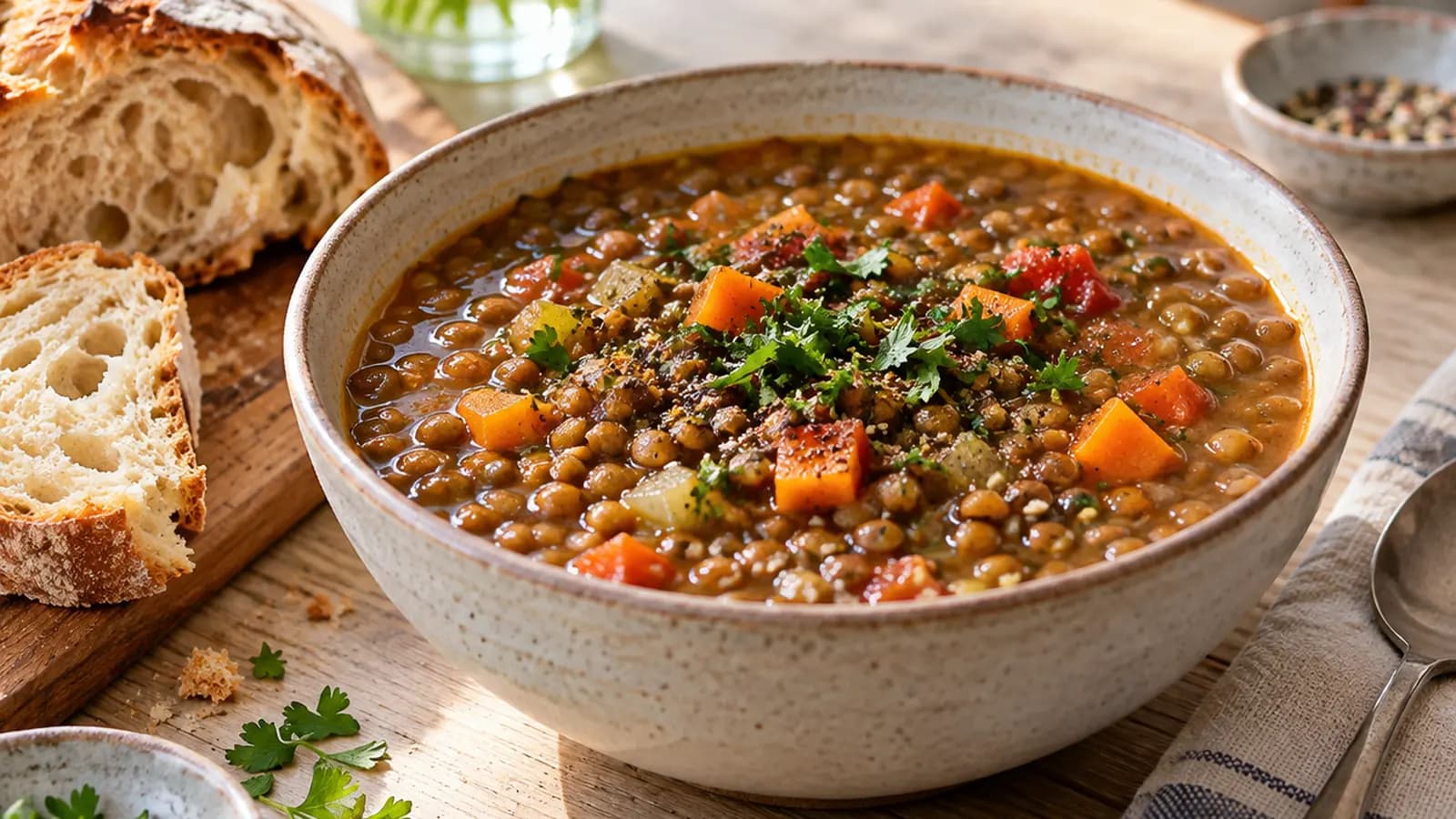 Bol de soupe de lentilles avec carottes, herbes fraîches et épices sur une table éclairée par la lumière naturelle, sans texte ni logo