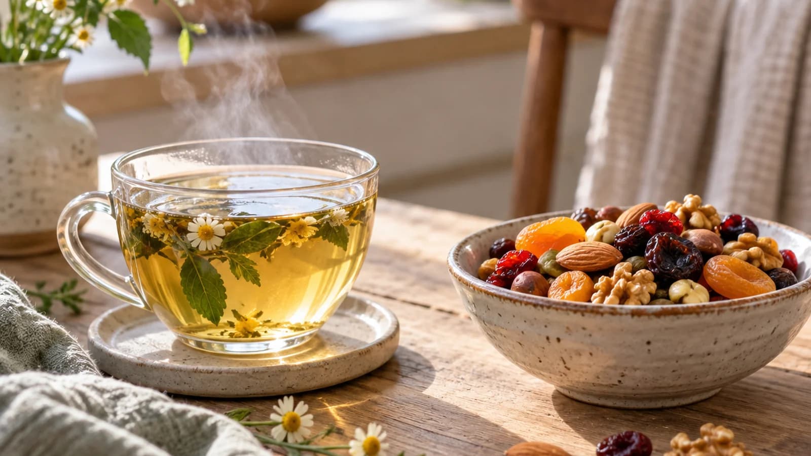 Bol de yaourt, fruits, noix et tartines sur une table en bois éclairée par une lumière naturelle, sans texte, sans logo et sans visage en gros plan