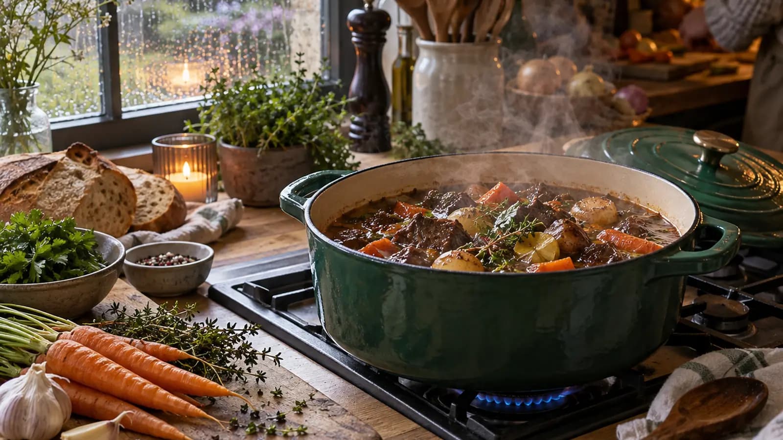 Plat familial de légumes rôtis, pommes de terre et pois chiches servi dans une assiette, lumière naturelle, sans texte ni logo