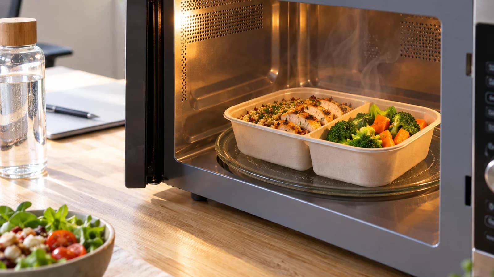 Lunchbox colorée avec riz, légumes rôtis et pois chiches dans une boîte réutilisable, lumière naturelle, sans texte ni logo