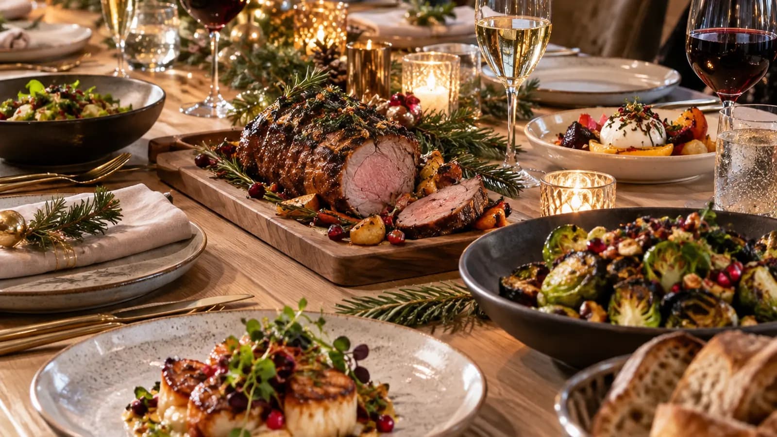 Table de restaurant avec assiette festive, verre d’eau et verre de vin en lumière naturelle, sans texte ni logo