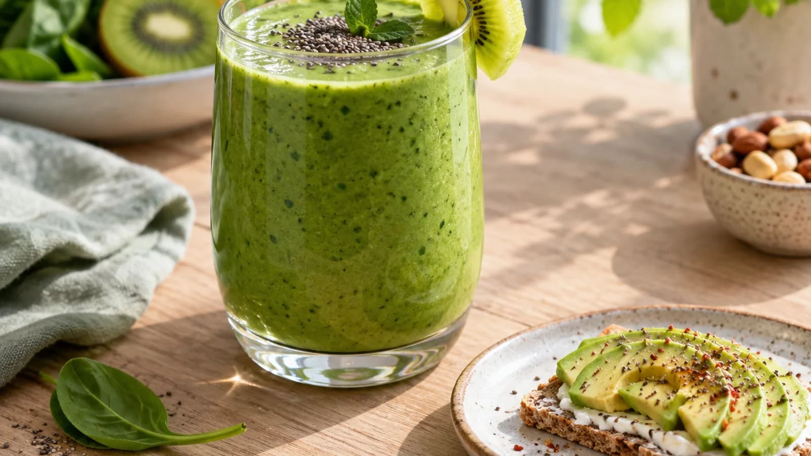 Bol de smoothie épais aux fruits rouges, flocons d’avoine et noix posé sur une table en bois, lumière naturelle, sans texte ni logo