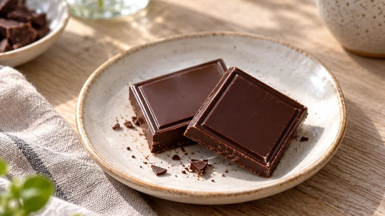 Carrés de chocolat noir posés dans une petite assiette avec une poire et une tasse chaude, lumière naturelle, sans texte ni logo