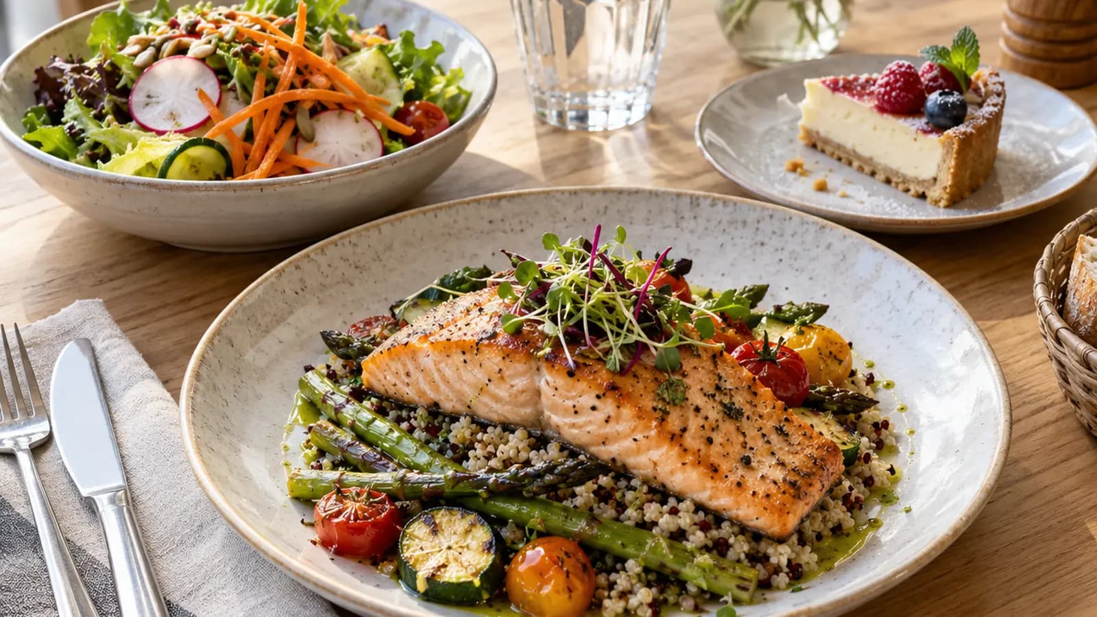 Table de restaurant éclairée par la lumière naturelle avec salade de crudités, plat de poisson et dessert aux fruits, sans texte ni logo