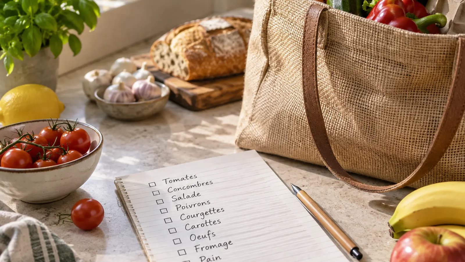 Panier de courses avec légumes, pain complet et produits frais posé près d’une liste manuscrite, lumière naturelle, sans texte ni logo