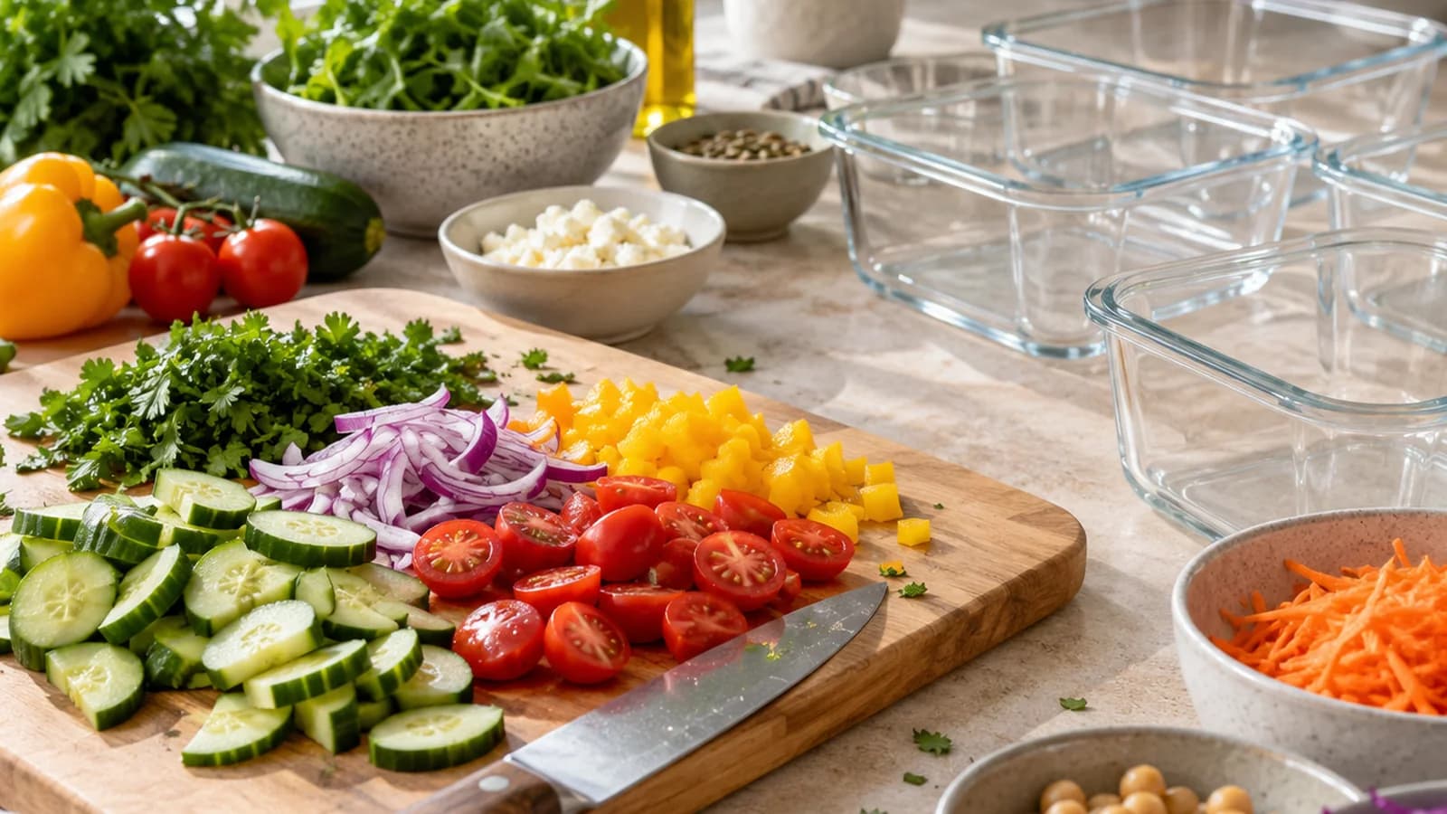 Semoule, légumes rôtis et pois chiches dans des boîtes, sauce à part, en lumière naturelle, sans texte ni logo