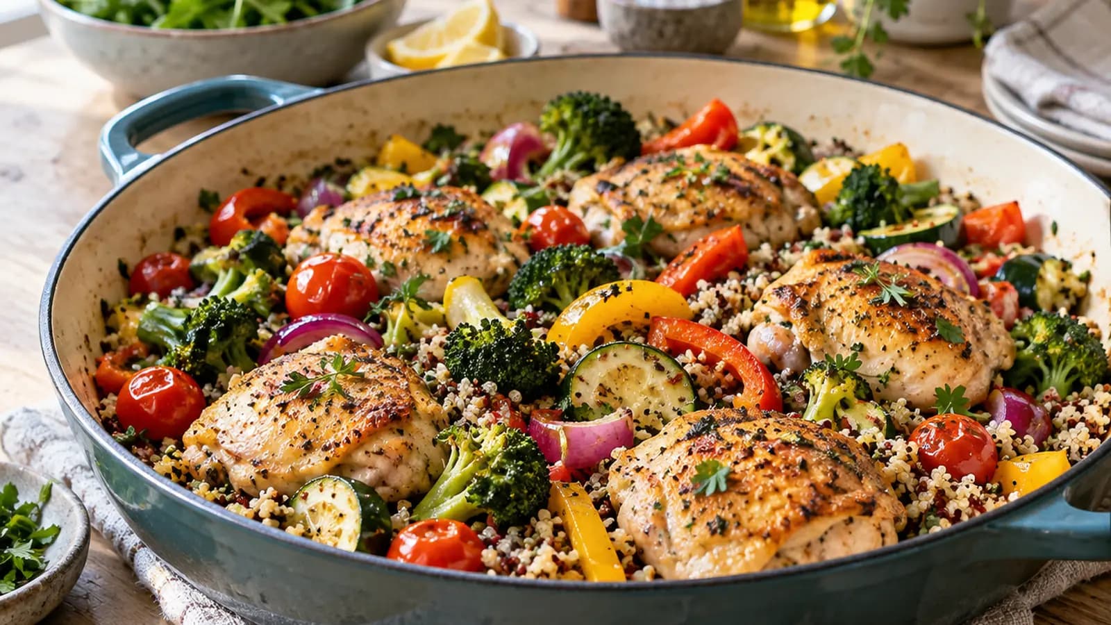Poêlée colorée de poulet, courgettes, poivrons et riz dans une grande poêle, lumière naturelle, sans texte ni logo