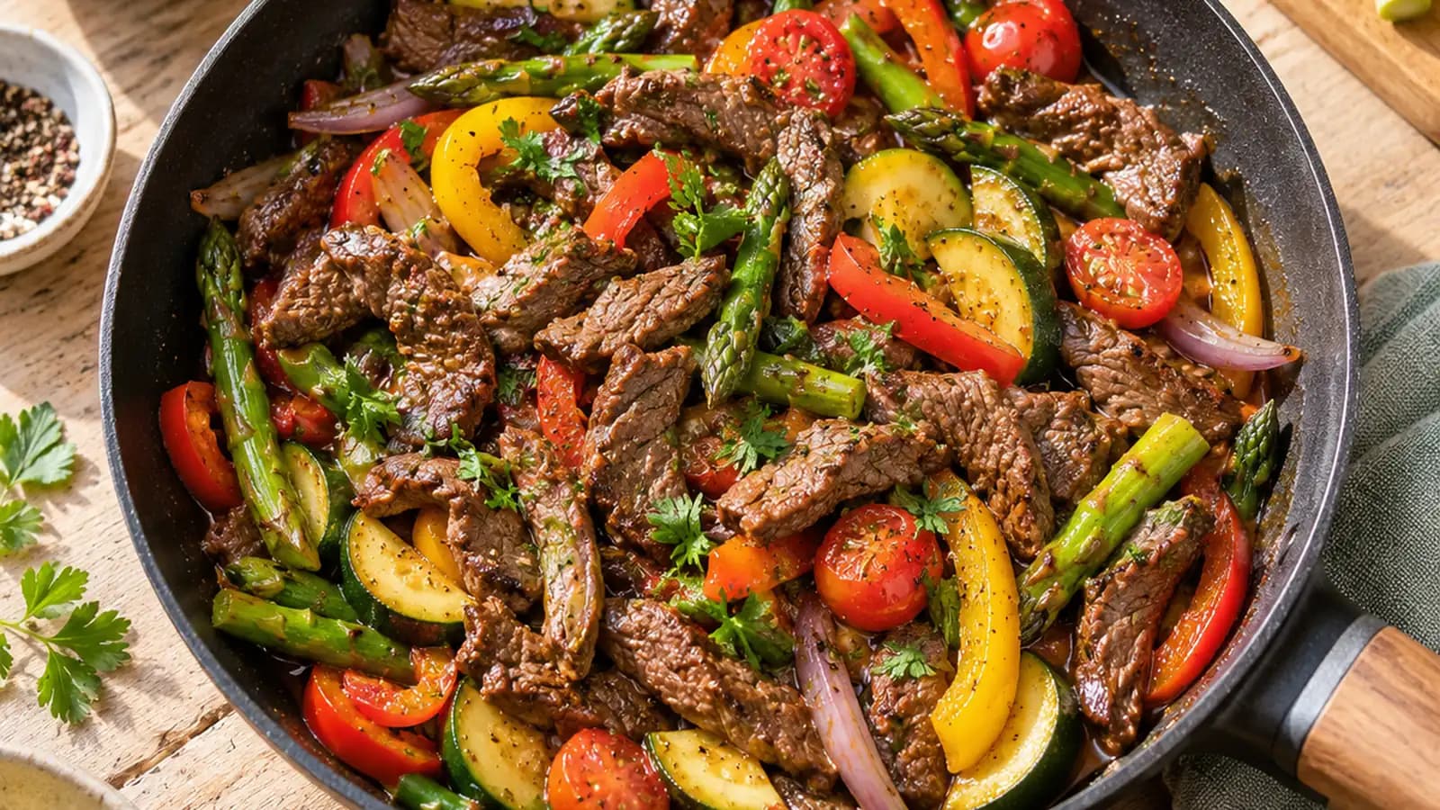 Assiette éditoriale de steak grillé, légumes rôtis et salade fraîche posée sur une table en bois à la lumière naturelle, sans texte ni logo