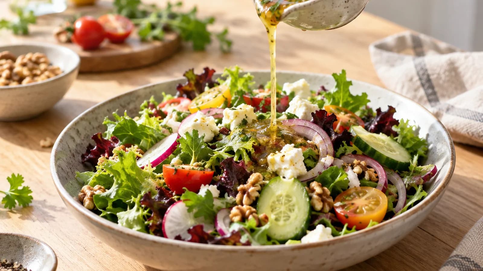 Salade composée colorée avec une petite coupelle de vinaigrette maison, photographiée à la lumière naturelle, sans texte ni logo