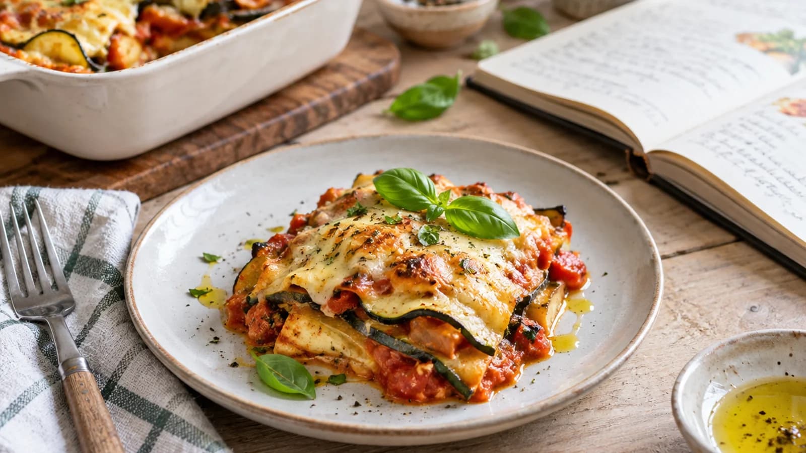 Petit gratin de courgettes dans un plat individuel, balance et cuillères doseuses, lumière naturelle, sans texte ni logo