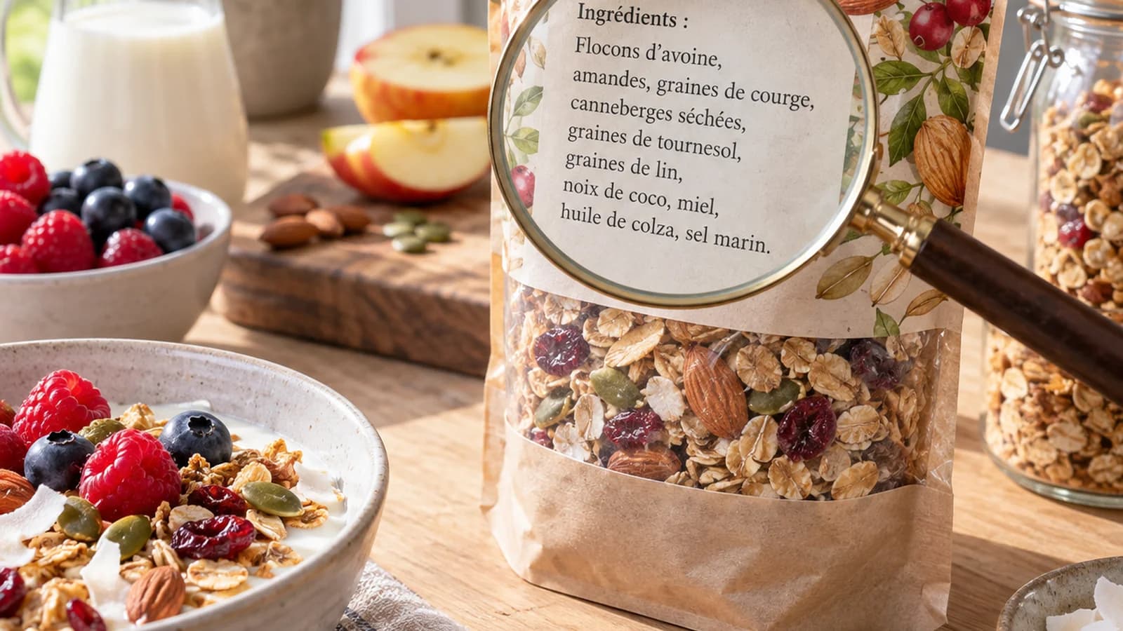 Étiquette d’un produit alimentaire posée près d’un bol de légumes et d’une loupe, en lumière naturelle, sans texte lisible ni logo