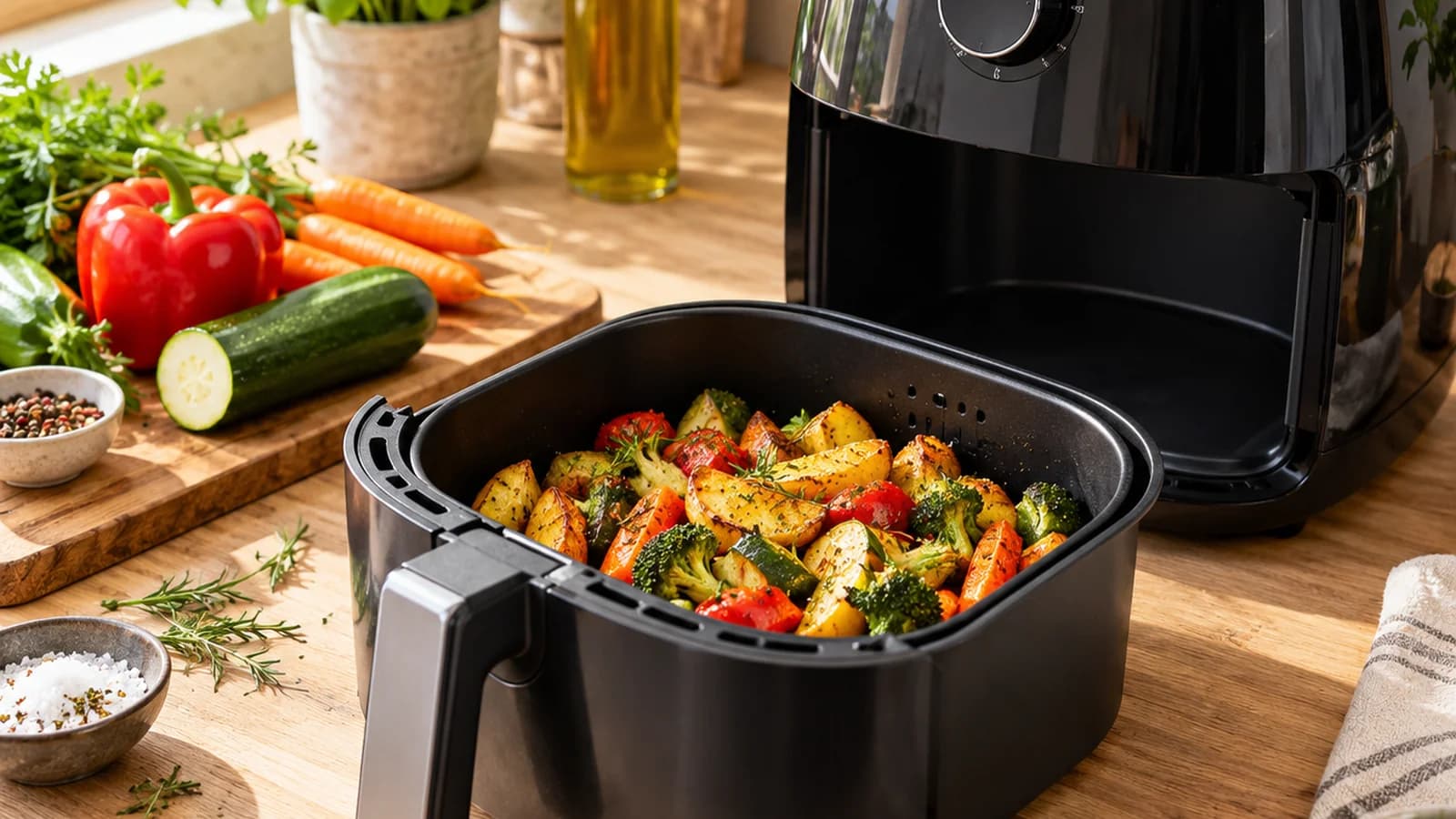 Panier d’air fryer ouvert avec pommes de terre dorées et légumes rôtis sur une table éclairée par la lumière naturelle, sans texte ni logo
