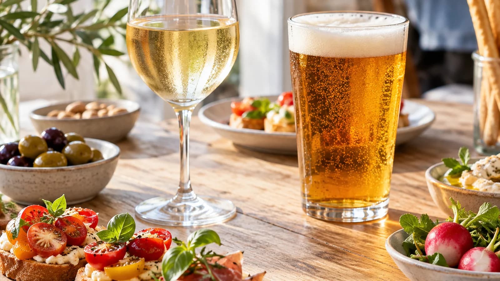 Table conviviale avec un verre de vin, une bière, un cocktail coloré et un petit verre de spiritueux, lumière naturelle, sans texte ni logo