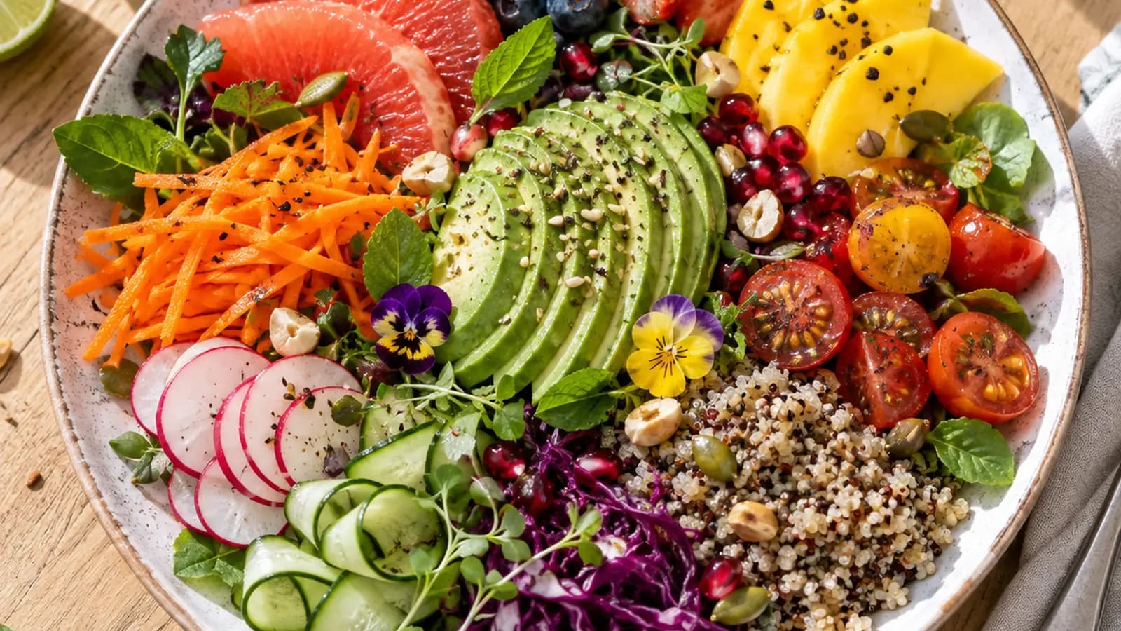 Assiette colorée de légumes rôtis, pois chiches et noix sur une table en bois, lumière naturelle, sans texte ni logo