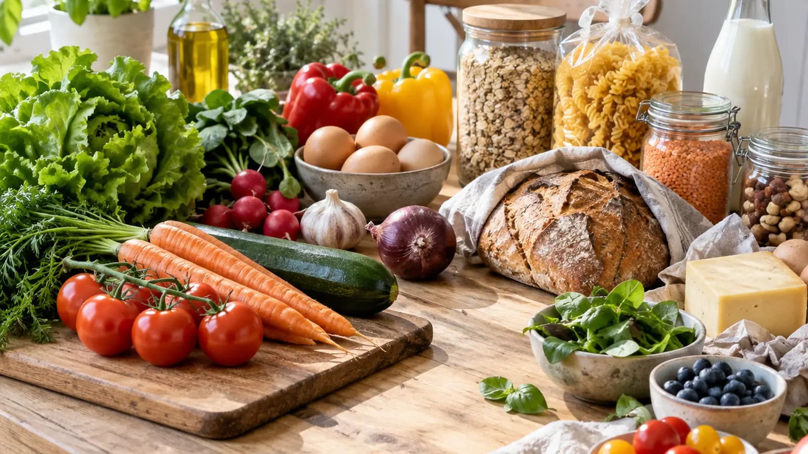Assortiment de légumes, légumineuses en bocal et pain complet sur une table éclairée par la lumière naturelle, sans texte ni logo