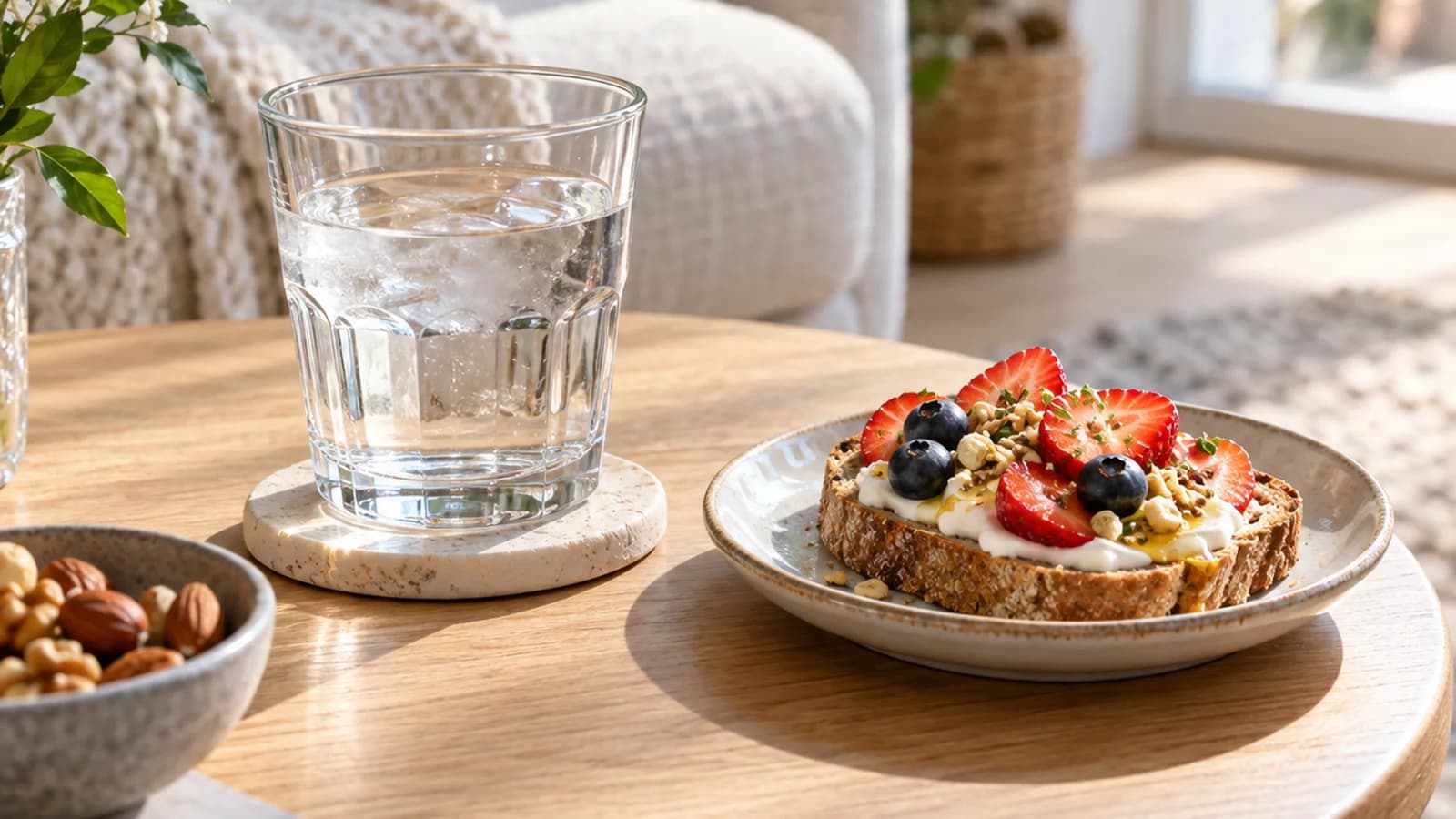 Bol de yaourt avec fruits, noix et tartines sur une table en lumière naturelle, photo culinaire éditoriale sans texte, logo ni visage