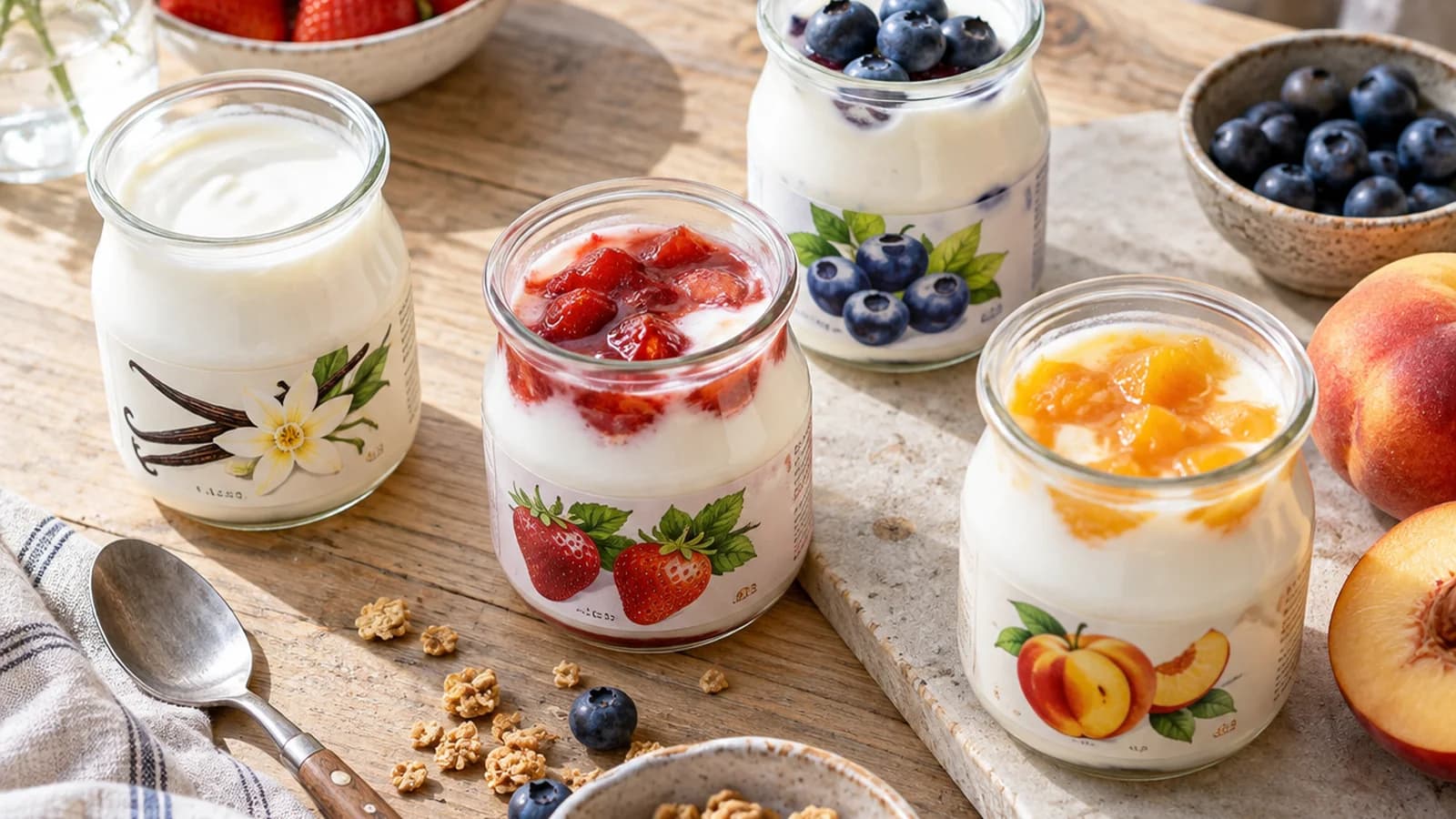 Dessert lacté et emballages alimentaires posés sur une table claire, lumière naturelle, sans texte lisible, sans logo et sans visage en gros plan