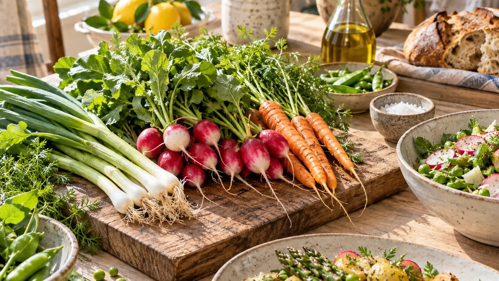 Assiette printanière de légumes nouveaux, œuf mollet et pommes de terre sur une table éclairée par la lumière naturelle, sans texte ni logo
