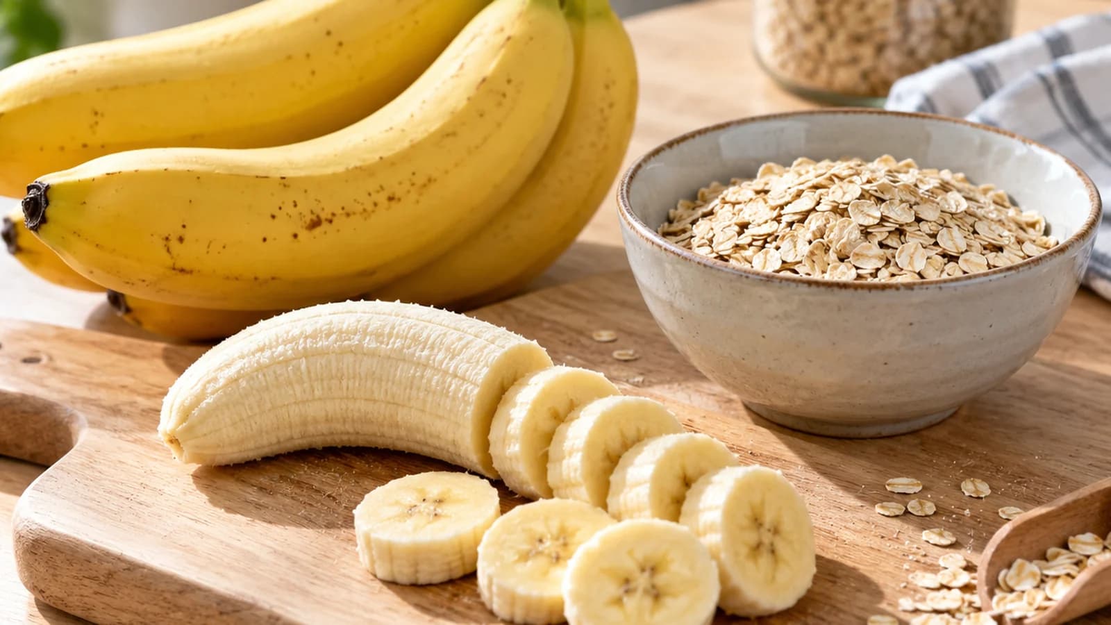 Banane mûre tranchée dans un bol avec yaourt nature, flocons d’avoine et quelques amandes, lumière naturelle, sans texte ni logo