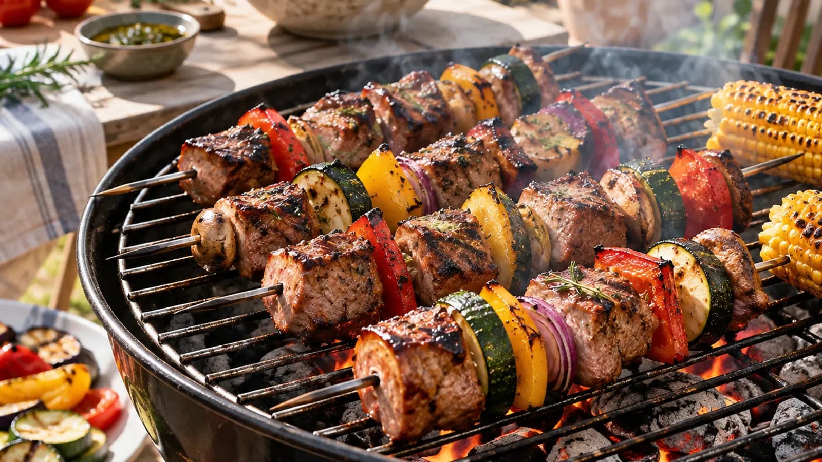Table de barbecue d’été avec viande grillée, légumes colorés, salades fraîches et sauces servies dans de petits bols, lumière naturelle, sans texte ni logo
