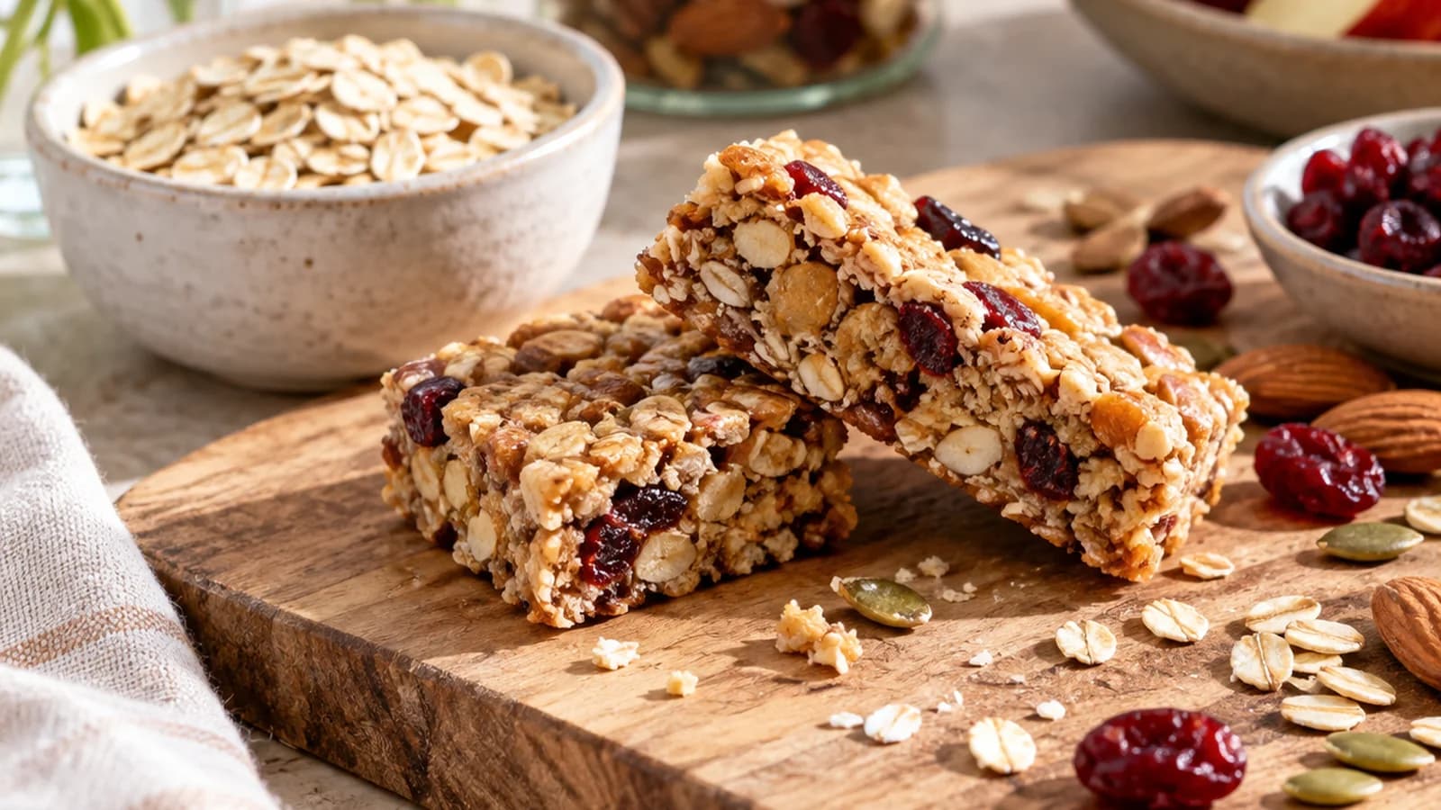 Barres de céréales maison à l’avoine, aux amandes et aux fruits secs sur une planche en bois, en lumière naturelle, sans texte ni logo