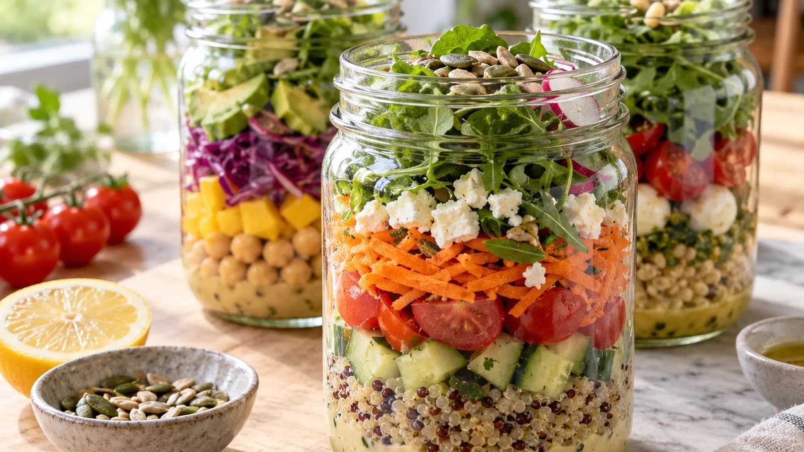 Salades composées et taboulé dans des boîtes en verre sur une table estivale, lumière naturelle, sans texte ni logo