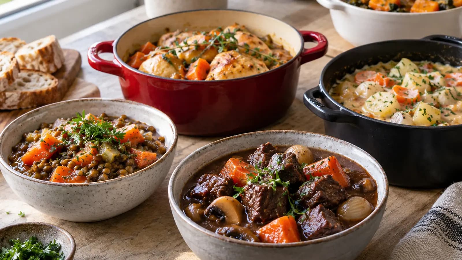 Boîtes de chili, dhal et légumes d’hiver sur une table en lumière naturelle, sans texte ni logo