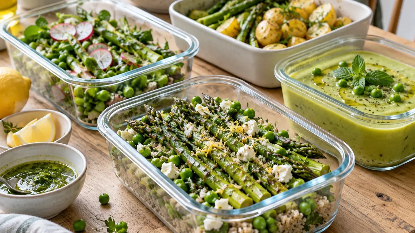Boîtes de batch cooking printanier avec asperges rôties, petits pois, radis, quinoa et œufs, en lumière naturelle, sans texte ni logo