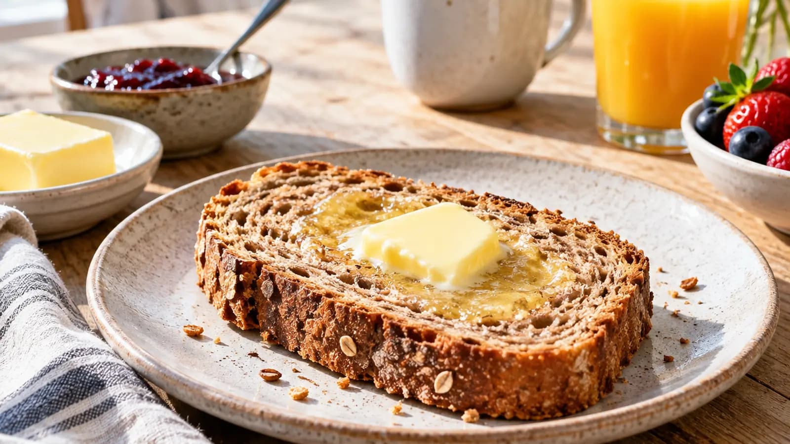 Tartines de pain complet avec beurre et margarine dans deux coupelles, sur une table éclairée par une lumière naturelle, sans texte ni logo