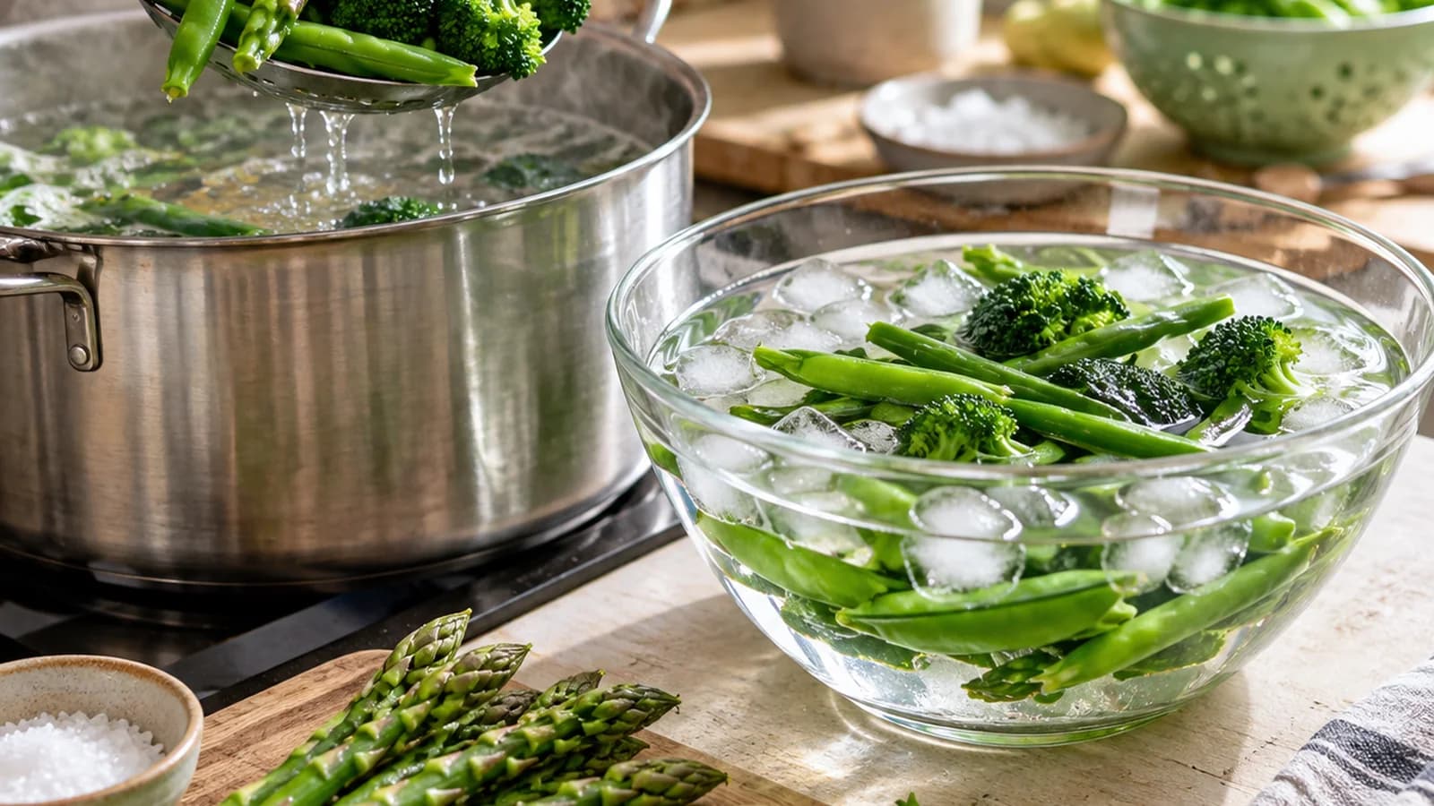 Haricots verts blanchis puis poêlés dans une sauteuse, avec brocoli et citron, lumière naturelle, sans texte ni logo