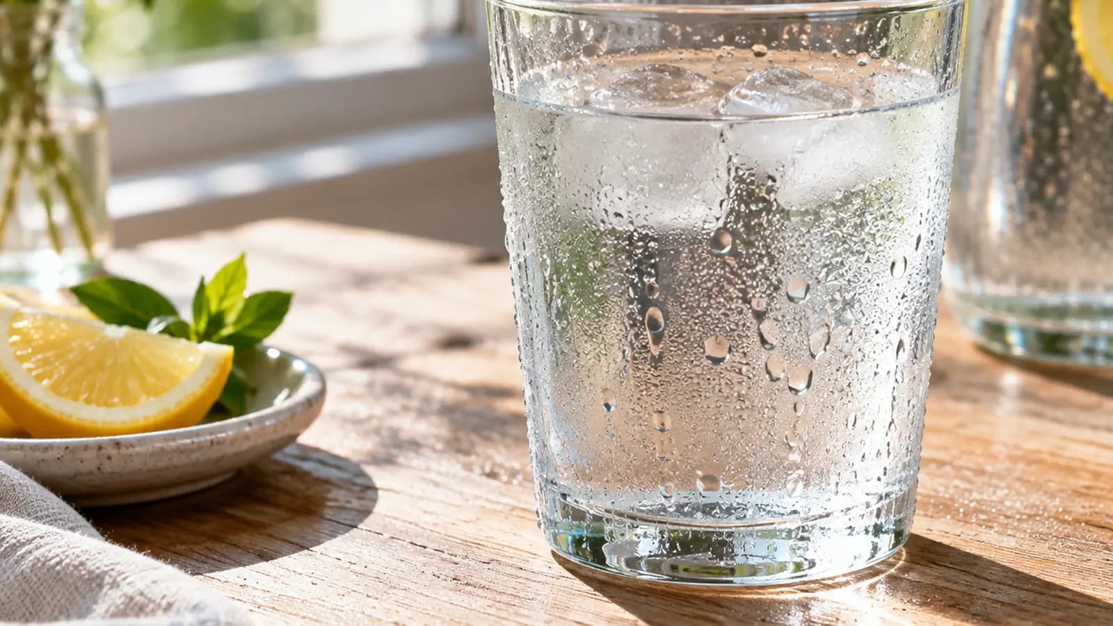 Verre d’eau posé à côté d’une assiette équilibrée avec légumes, pain complet et œuf, lumière naturelle, sans texte ni logo