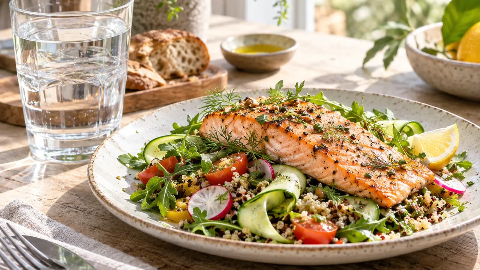 Verre d’eau posé près d’une assiette colorée de légumes, céréales et œuf, lumière naturelle, sans texte ni logo