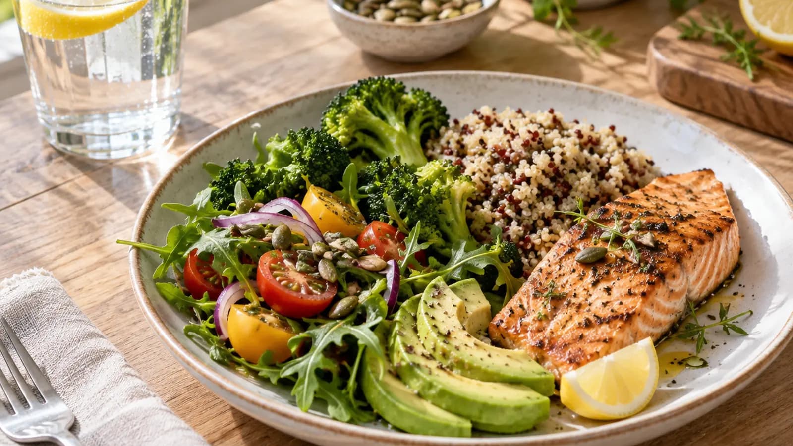 Carafe et verre d’eau près d’une assiette de riz, pois chiches et légumes rôtis, en lumière naturelle, sans texte ni logo