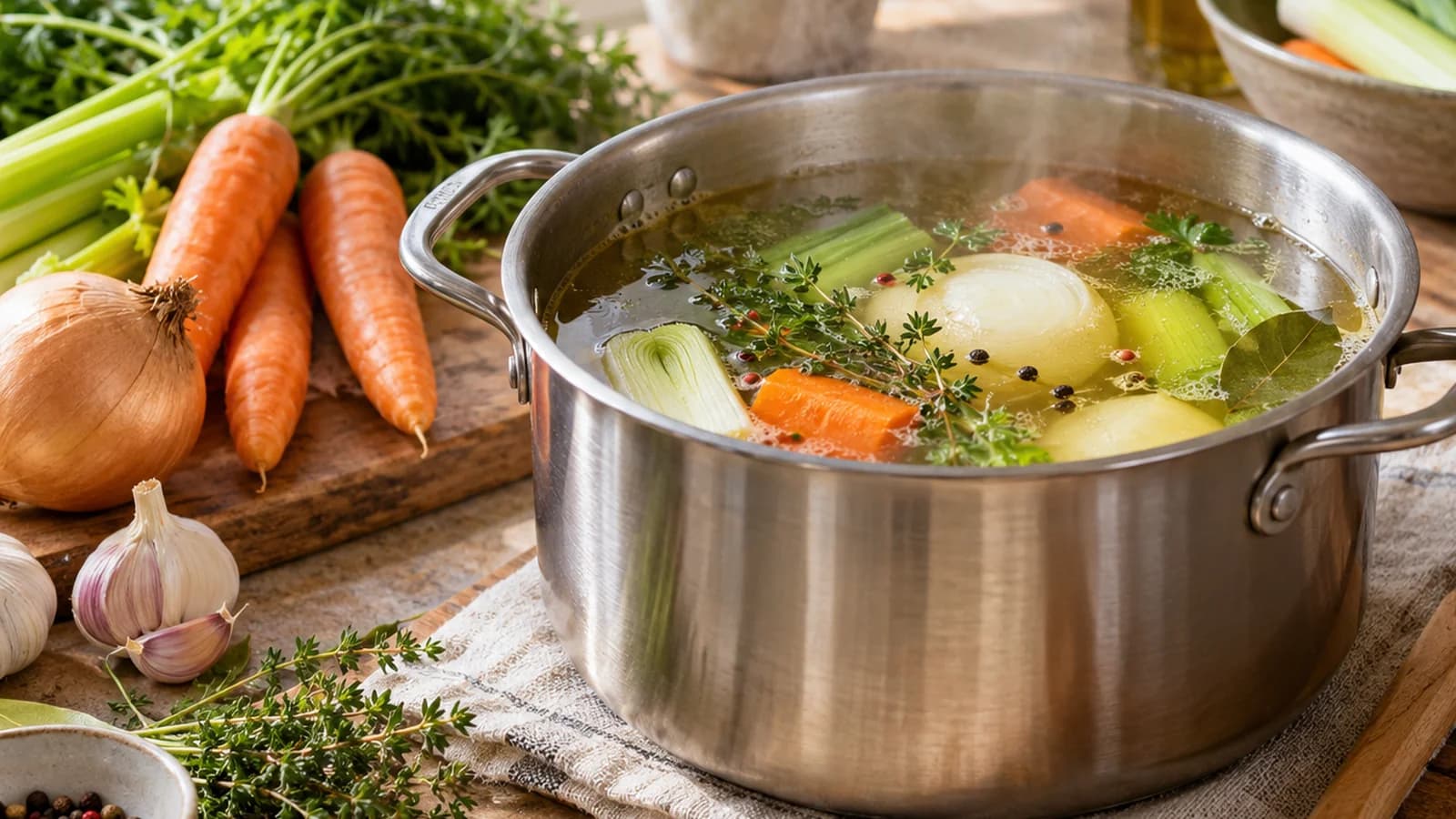 Casserole de bouillon de légumes maison avec carottes, poireau, céleri et herbes sur une table éclairée par la lumière naturelle