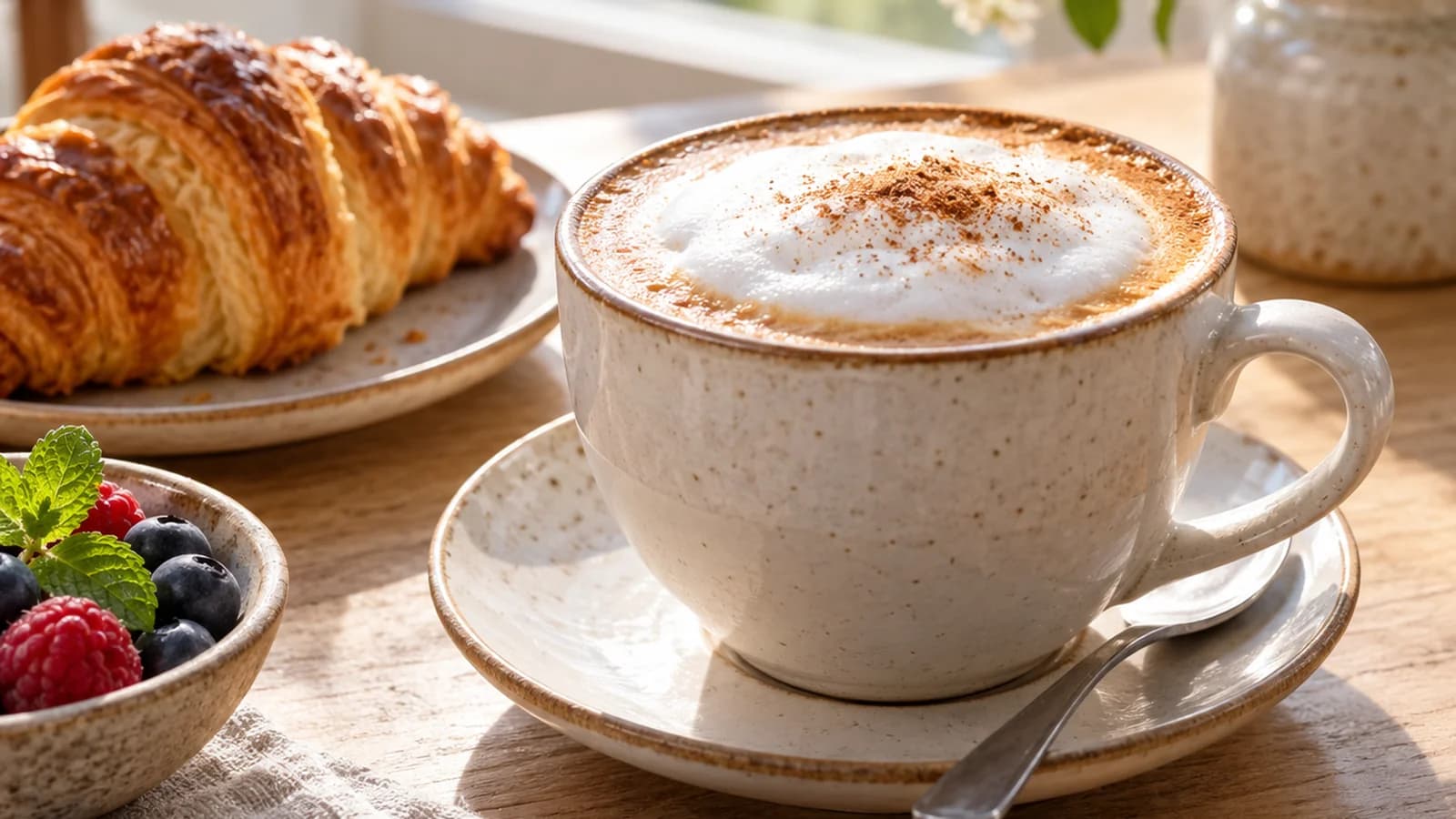 Tasse de café au lait posée sur une table claire avec une cuillère de sucre et un petit pichet de lait, lumière naturelle, sans texte ni logo
