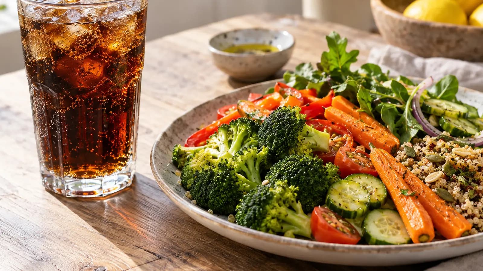 En lumière naturelle, noix, orange entière, chocolat et verre de soda sur une table, sans texte ni logo.