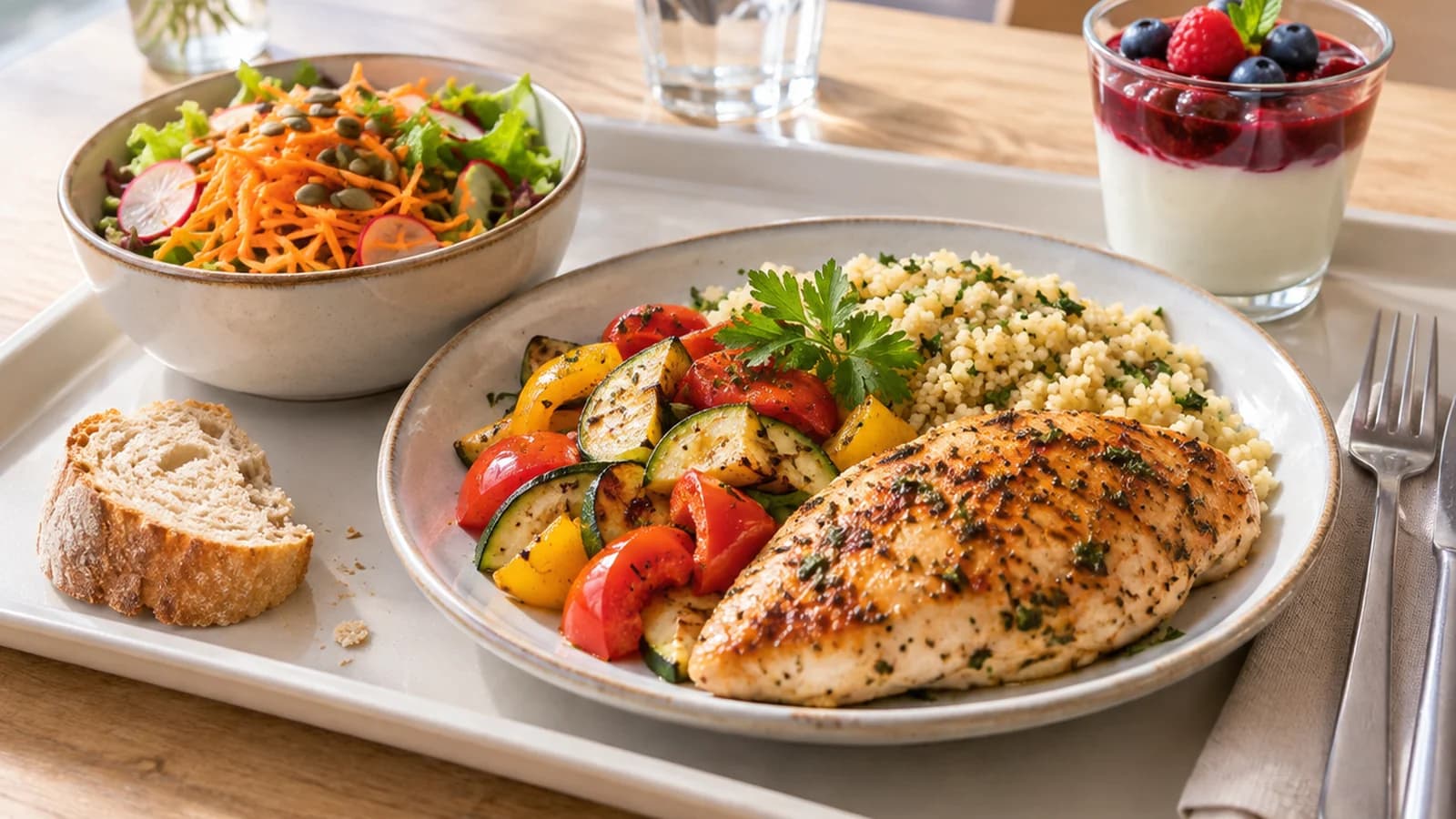 Plateau de cantine avec légumes, filet de poisson, riz, sauce à part et dessert fruité, photographié en lumière naturelle sans texte ni logo
