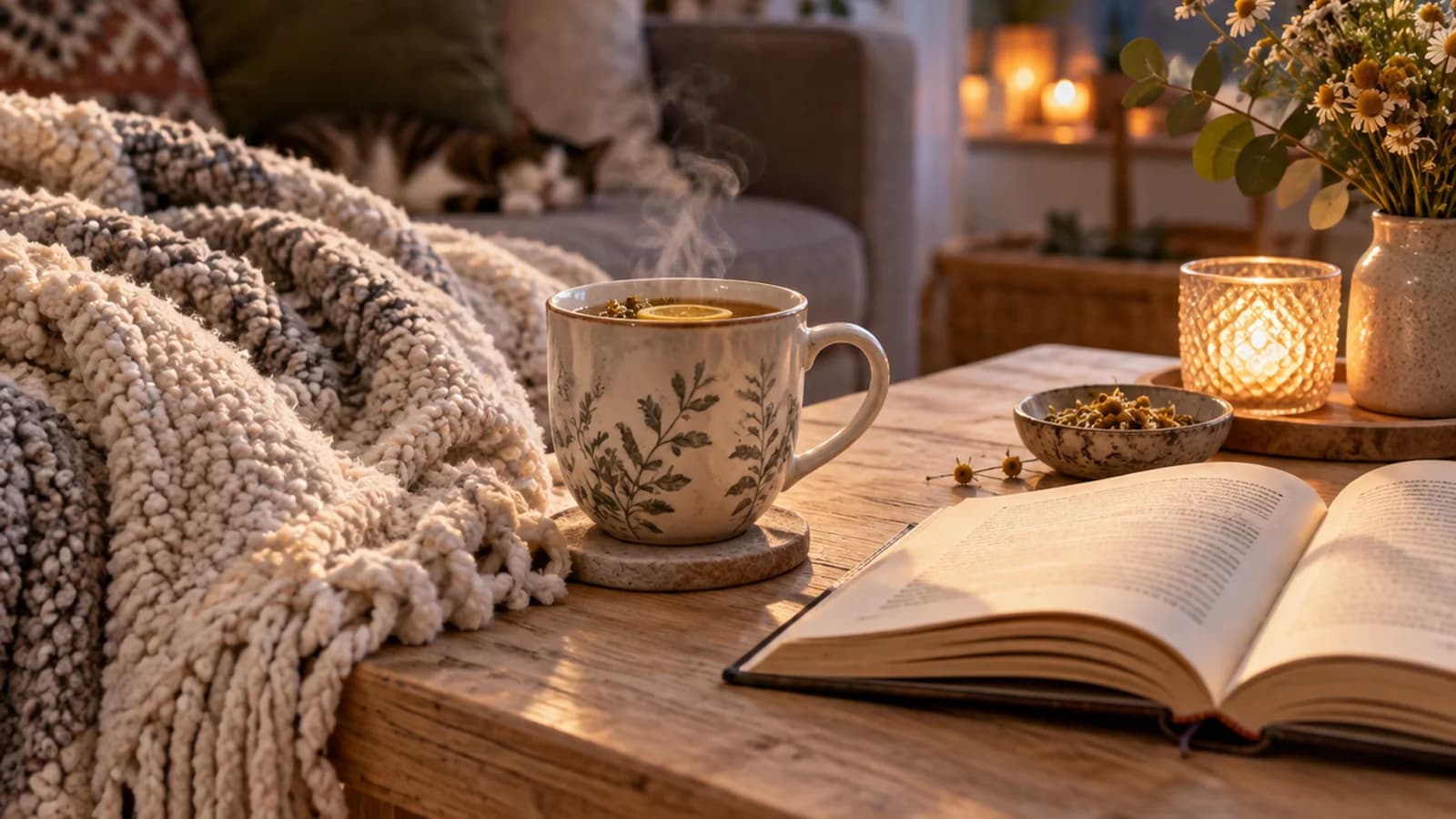 Table lumineuse avec carnet, tasse de thé, fleurs et livre, photo culinaire éditoriale sans texte ni logo
