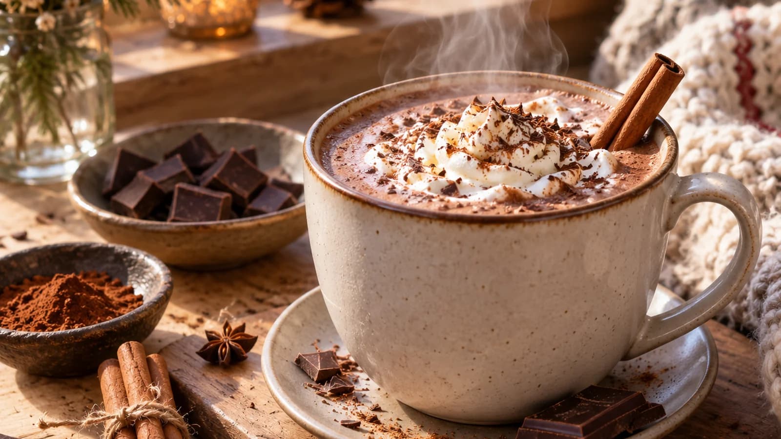 Petite tasse de chocolat chaud maison avec cannelle et carré de chocolat sur une table en bois, lumière naturelle, sans texte ni logo