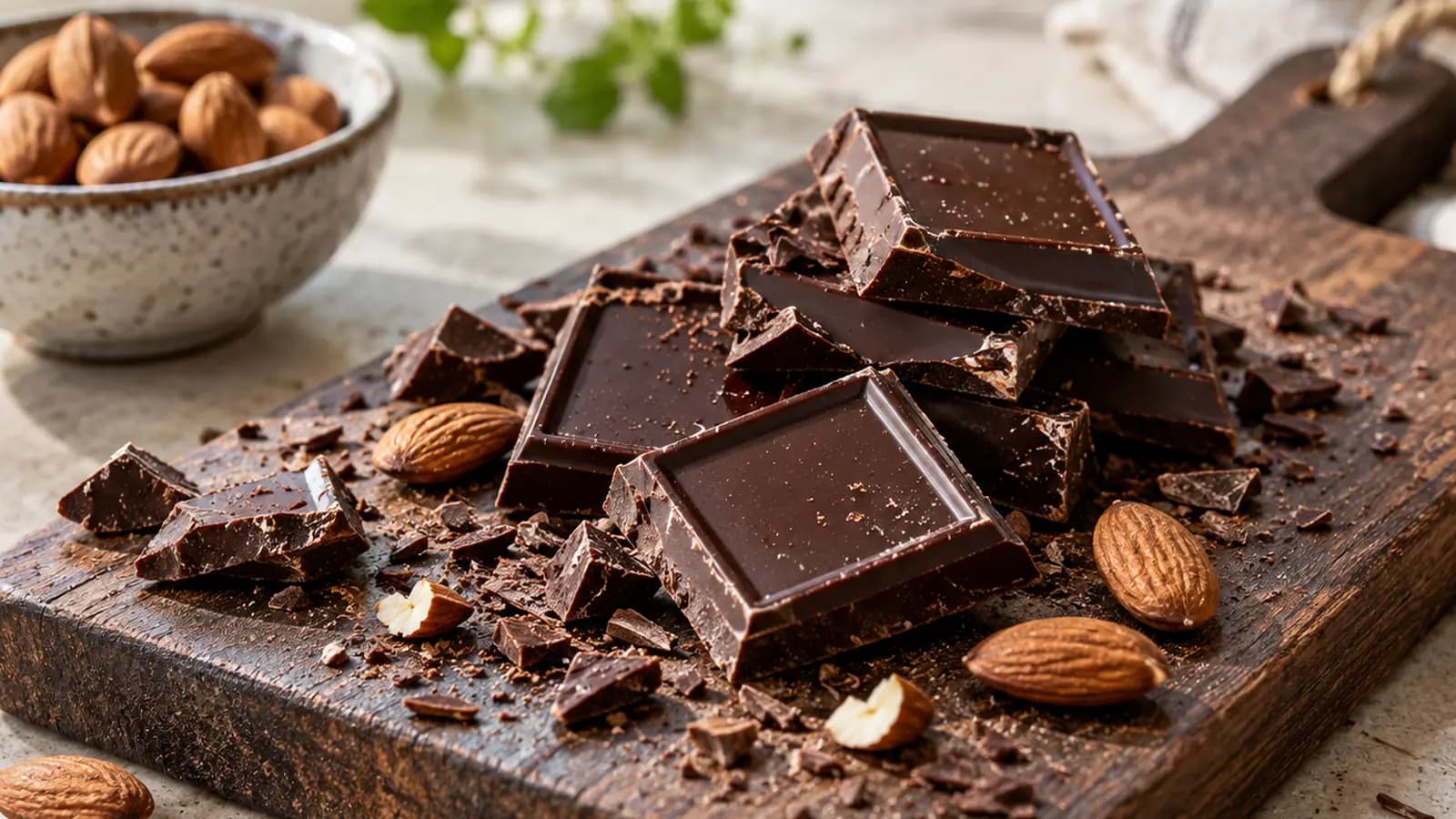 Carrés de chocolat noir de différents pourcentages posés sur une assiette, lumière naturelle, sans texte ni logo