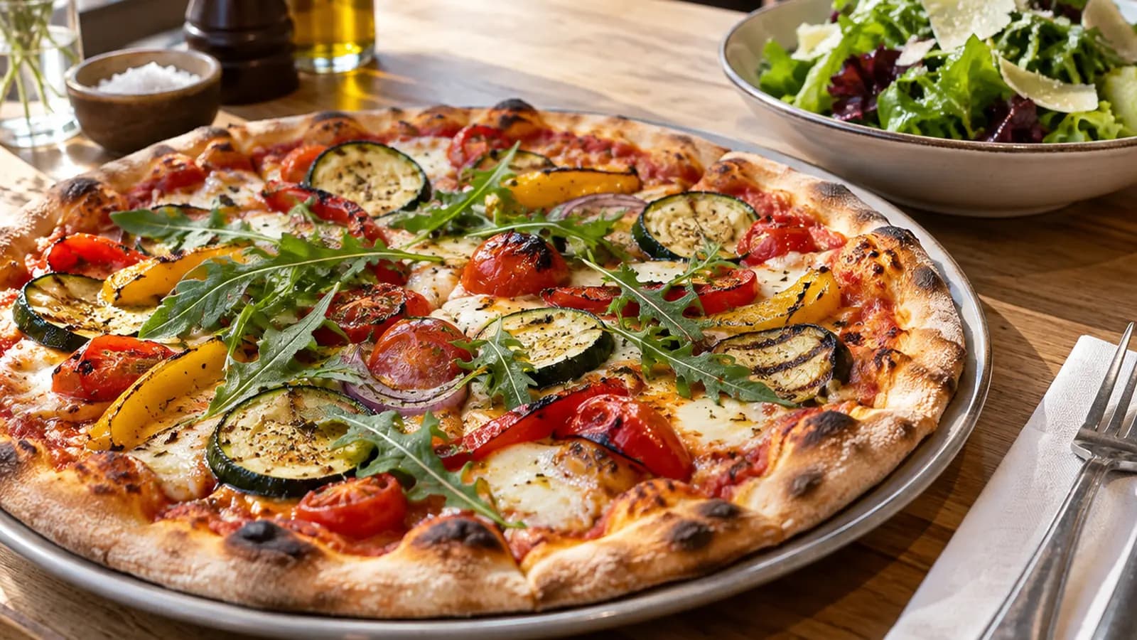 Pizza variée découpée sur une table de restaurant, avec salade fraîche et couverts, lumière naturelle, sans texte ni logo