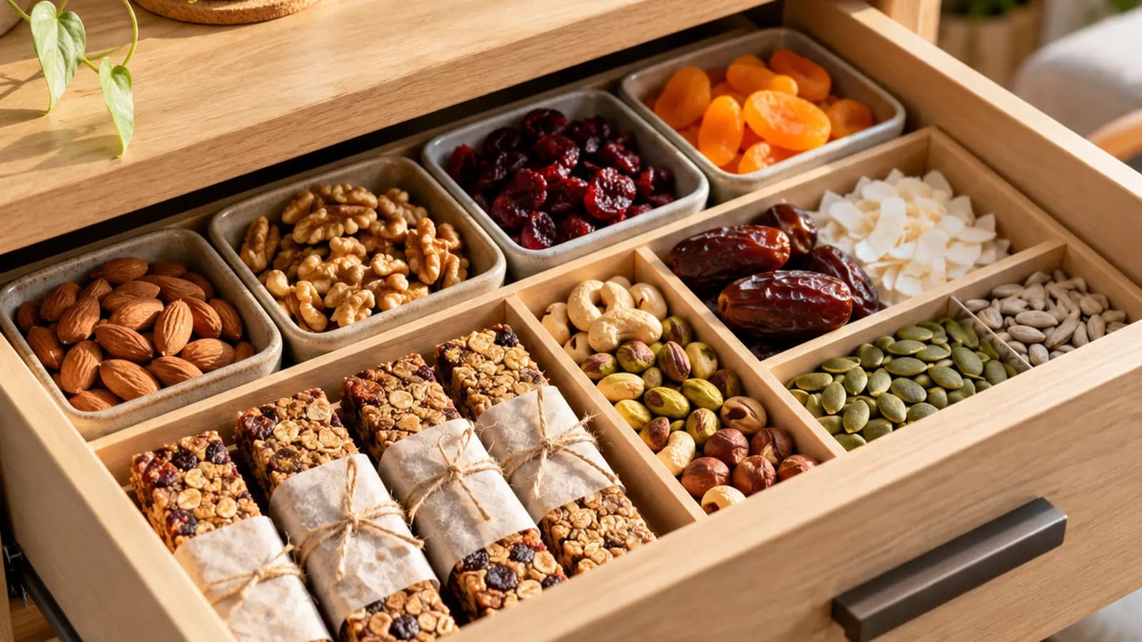 Tiroir de bureau ouvert avec noix, fruits séchés, compote en gourde et crackers dans des emballages sobres, lumière naturelle, sans texte ni logo