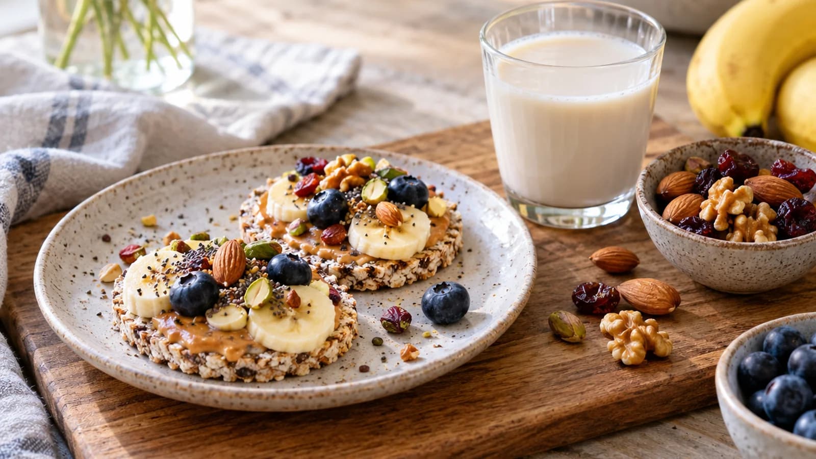 Bol de collation sans lactose avec pomme, noix, tartine complète et houmous, posé sur une table en bois à la lumière naturelle