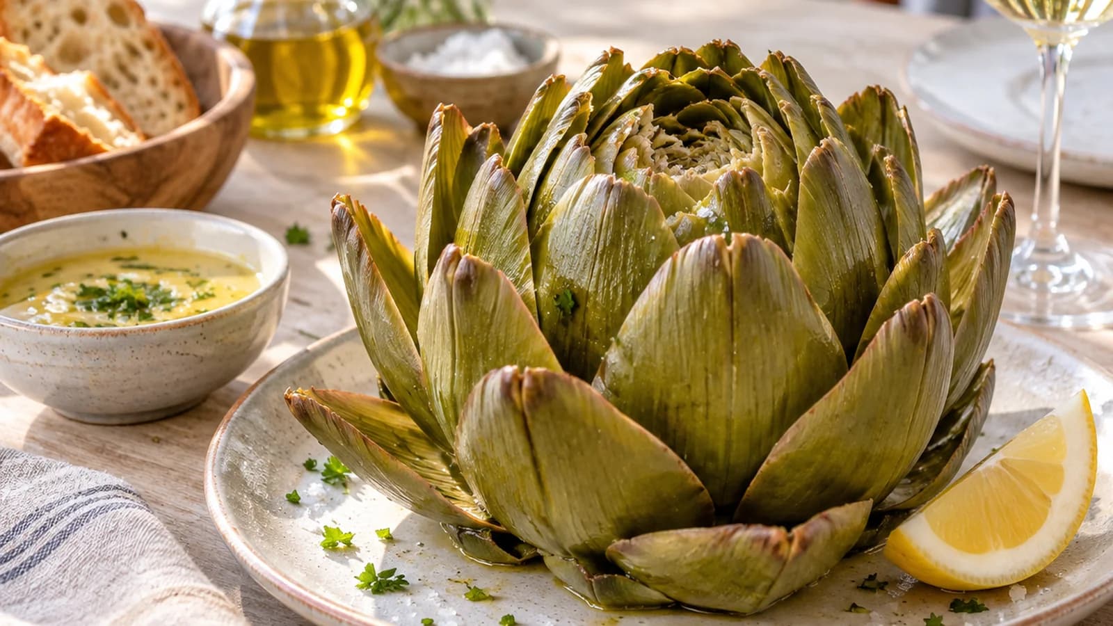 Artichauts vapeur servis avec citron, herbes fraîches et une salade colorée sur une table baignée de lumière naturelle, sans texte ni logo