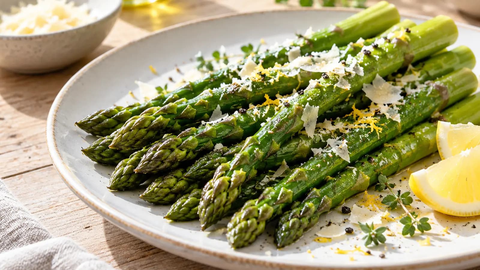 Assiette d’asperges vertes vapeur avec œuf mollet, pommes de terre et herbes fraîches, lumière naturelle, sans texte ni logo